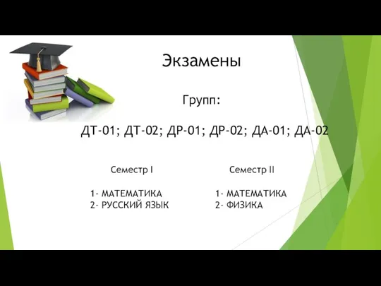 Экзамены Групп: ДТ-01; ДТ-02; ДР-01; ДР-02; ДА-01; ДА-02 Семестр I 1- МАТЕМАТИКА