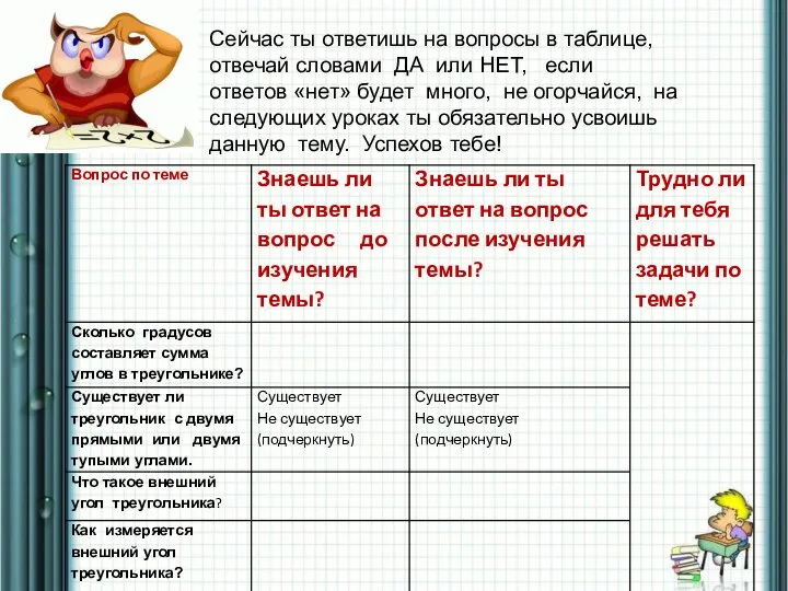 Сейчас ты ответишь на вопросы в таблице, отвечай словами ДА или НЕТ,