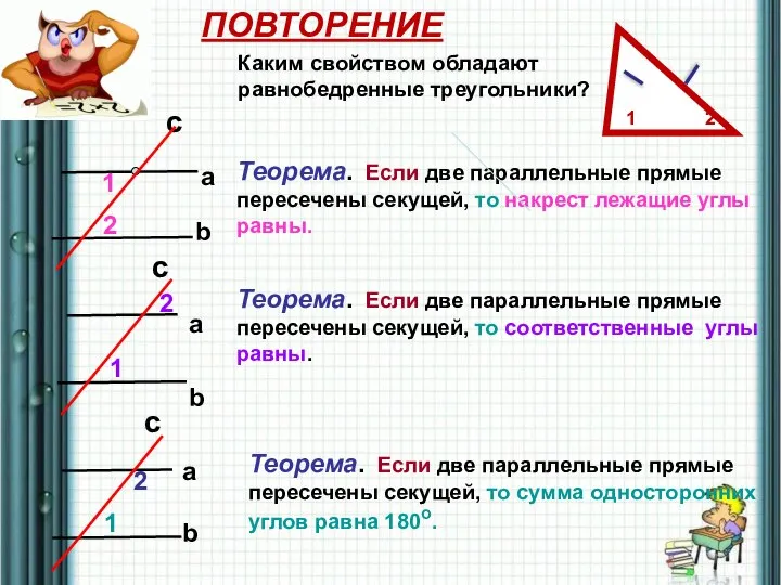 c b a 1 2 Теорема. Если две параллельные прямые пересечены секущей,
