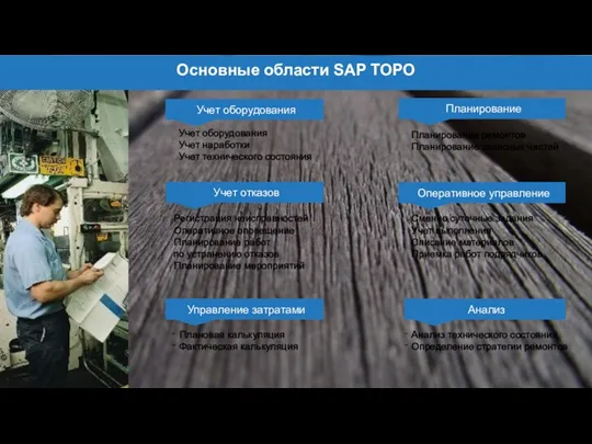Основные области SAP ТОРО Учет оборудования Учет наработки Учет технического состояния Планирование