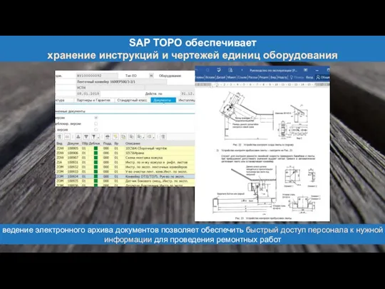 SAP ТОРО обеспечивает хранение инструкций и чертежей единиц оборудования ведение электронного архива