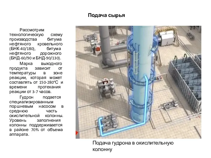 Рассмотрим технологическую схему производства битума нефтяного кровельного (БНК-40/180), битума нефтяного дорожного (БНД-60/90