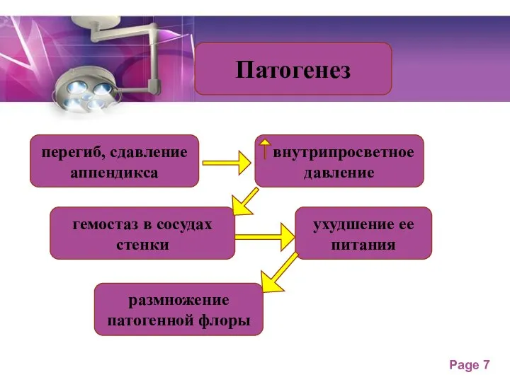 Патогенез перегиб, сдавление аппендикса гемостаз в сосудах стенки размножение патогенной флоры ухудшение ее питания внутрипросветное давление