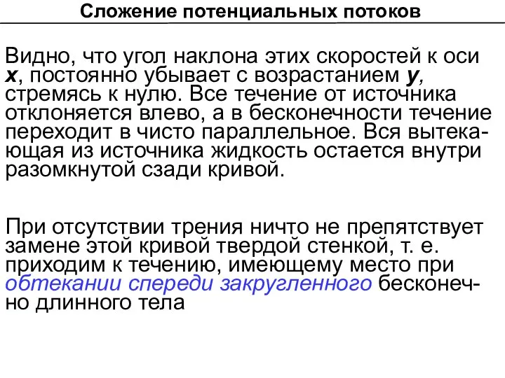 Сложение потенциальных потоков Видно, что угол наклона этих скоростей к оси х,