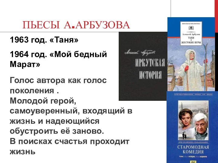 ПЬЕСЫ А.АРБУЗОВА 1963 год. «Таня» 1964 год. «Мой бедный Марат» Голос автора