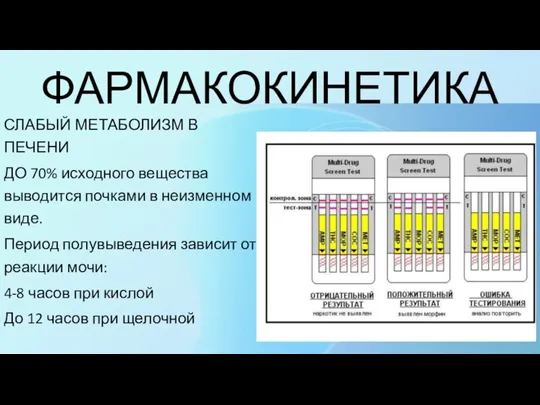 ФАРМАКОКИНЕТИКА СЛАБЫЙ МЕТАБОЛИЗМ В ПЕЧЕНИ ДО 70% исходного вещества выводится почками в