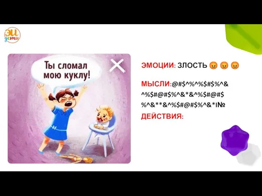 ЭМОЦИИ: ЗЛОСТЬ ? ? ? МЫСЛИ:@#$^%^%$#$%^& ^%$#@#$%^&*&^%$#@#$ %^&**&^%$#@#$%^&*I№ ДЕЙСТВИЯ: