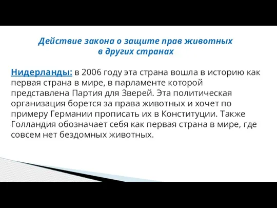 Действие закона о защите прав животных в других странах Нидерланды: в 2006