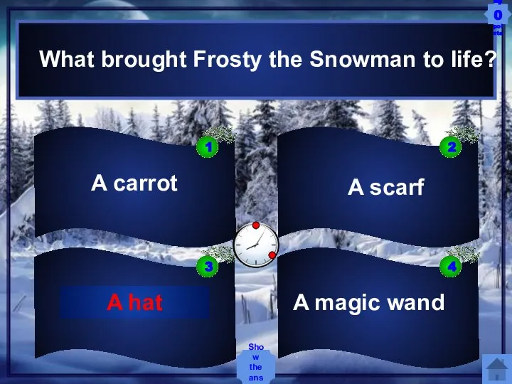 What brought Frosty the Snowman to life? A magic wand A hat