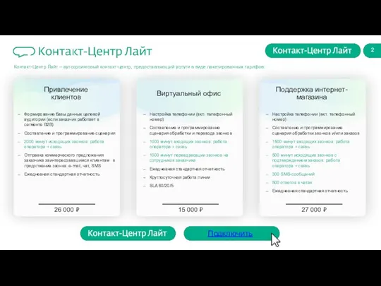 Контакт-Центр Лайт – аутсорсинговый контакт-центр, предоставляющий услуги в виде пакетированных тарифов: Привлечение
