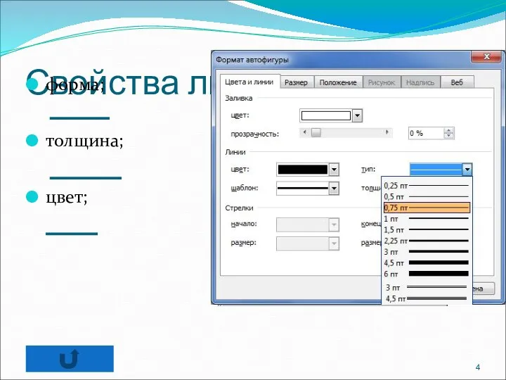 Свойства линии: форма; толщина; цвет;
