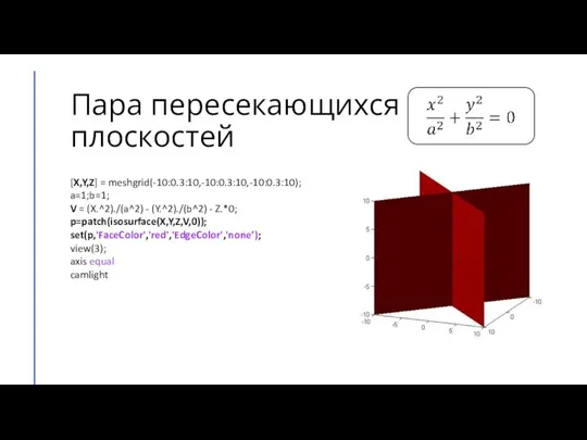 Пара пересекающихся плоскостей [X,Y,Z] = meshgrid(-10:0.3:10,-10:0.3:10,-10:0.3:10); a=1;b=1; V = (X.^2)./(a^2) - (Y.^2)./(b^2)