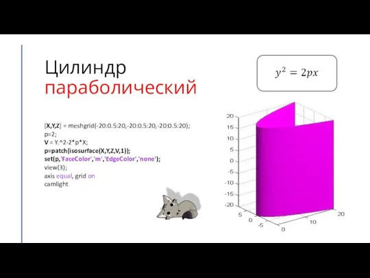 Цилиндр параболический [X,Y,Z] = meshgrid(-20:0.5:20,-20:0.5:20,-20:0.5:20); p=2; V = Y.^2-2*p*X; p=patch(isosurface(X,Y,Z,V,1)); set(p,'FaceColor','m','EdgeColor','none'); view(3);