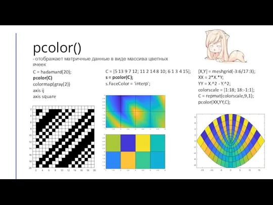 pcolor() - отображает матричные данные в виде массива цветных ячеек C =