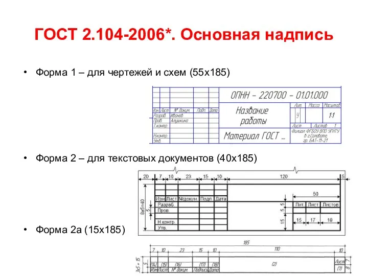 ГОСТ 2.104-2006*. Основная надпись Форма 1 – для чертежей и схем (55х185)