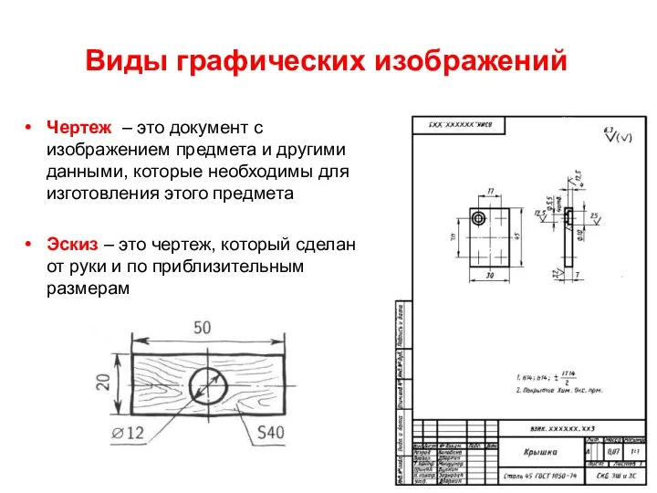 Виды графических изображений Чертеж – это документ с изображением предмета и другими