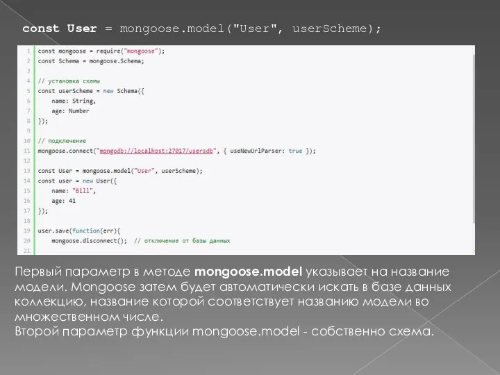 Первый параметр в методе mongoose.model указывает на название модели. Mongoose затем будет