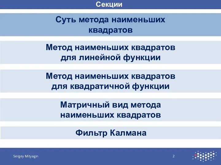 Секции Суть метода наименьших квадратов Sergey Mityagin Метод наименьших квадратов для линейной