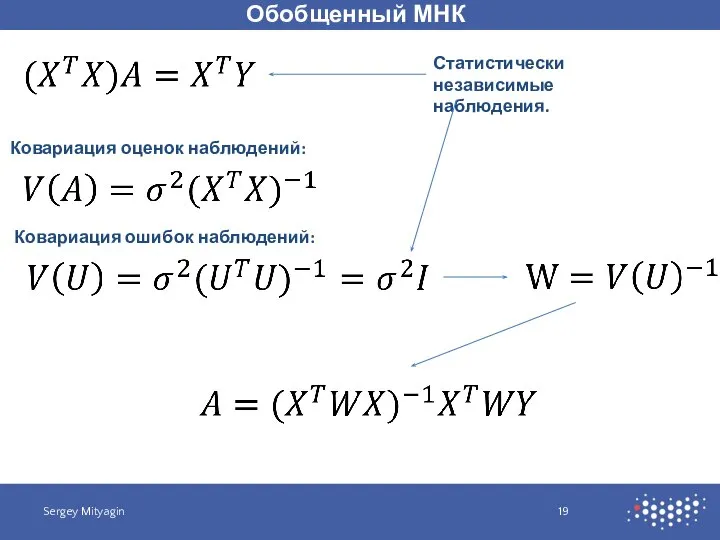 Обобщенный МНК Sergey Mityagin Статистически независимые наблюдения. Ковариация оценок наблюдений: Ковариация ошибок наблюдений: