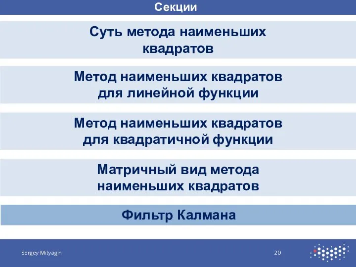 Секции Суть метода наименьших квадратов Sergey Mityagin Метод наименьших квадратов для линейной