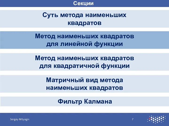 Секции Суть метода наименьших квадратов Sergey Mityagin Метод наименьших квадратов для линейной