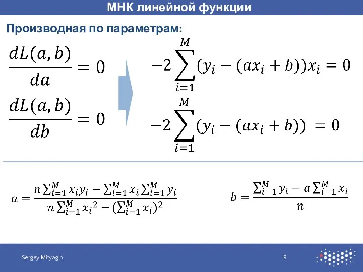 МНК линейной функции Sergey Mityagin Производная по параметрам: