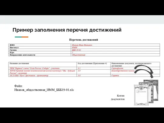 Пример заполнения перечня достижений Копии документов Файл: Иванов_общественная_ИММ_БББ19-01.xls