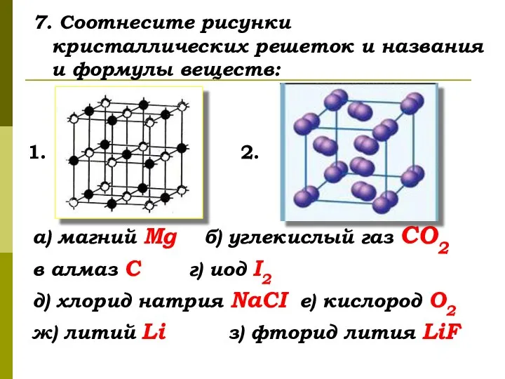 7. Соотнесите рисунки кристаллических решеток и названия и формулы веществ: а) магний