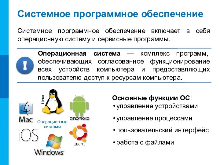 Системное программное обеспечение Системное программное обеспечение включает в себя операционную систему и