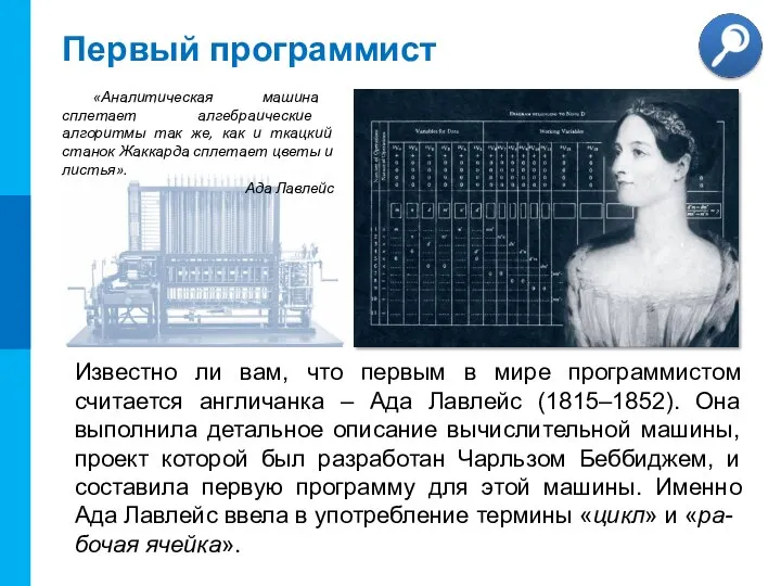 Первый программист «Аналитическая машина сплетает алгебраические алгоритмы так же, как и ткацкий