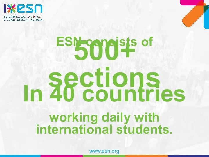 ESN consists of 500+ sections In 40 countries working daily with international students.
