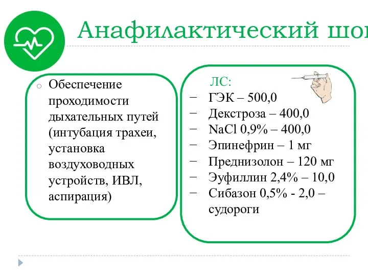 Анафилактический шок Обеспечение проходимости дыхательных путей (интубация трахеи, установка воздуховодных устройств, ИВЛ,