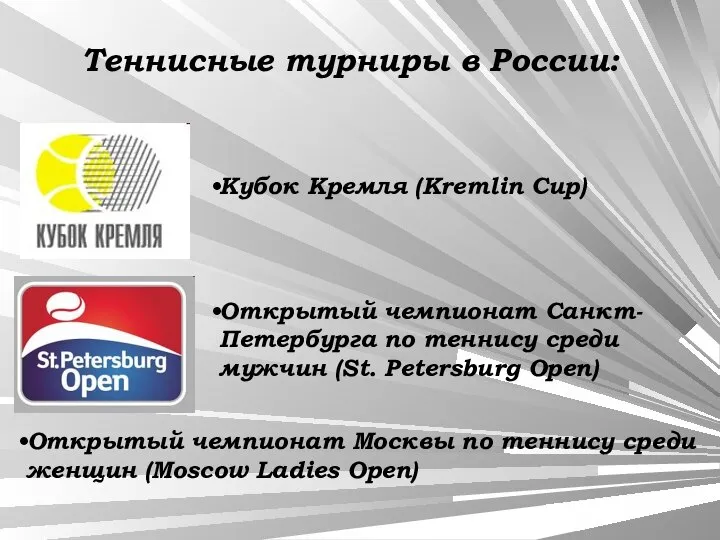 Теннисные турниры в России: Кубок Кремля (Kremlin Cup) Открытый чемпионат Санкт-Петербурга по