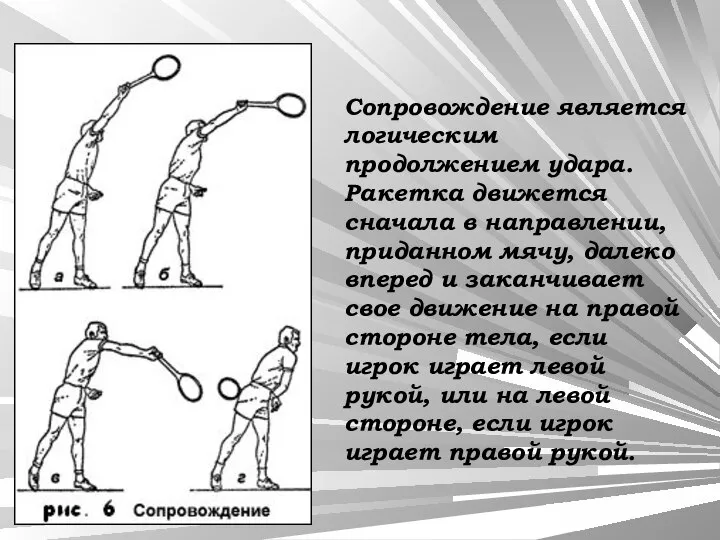 Сопровождение является логическим продолжением удара. Ракетка движется сначала в направлении, приданном мячу,