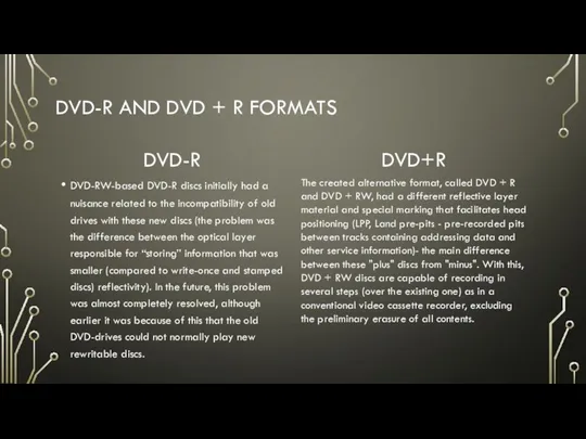 DVD-R AND DVD + R FORMATS DVD-R DVD-RW-based DVD-R discs initially had