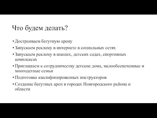 Что будем делать? Достраиваем батутную арену Запускаем рекламу в интернете в социальных