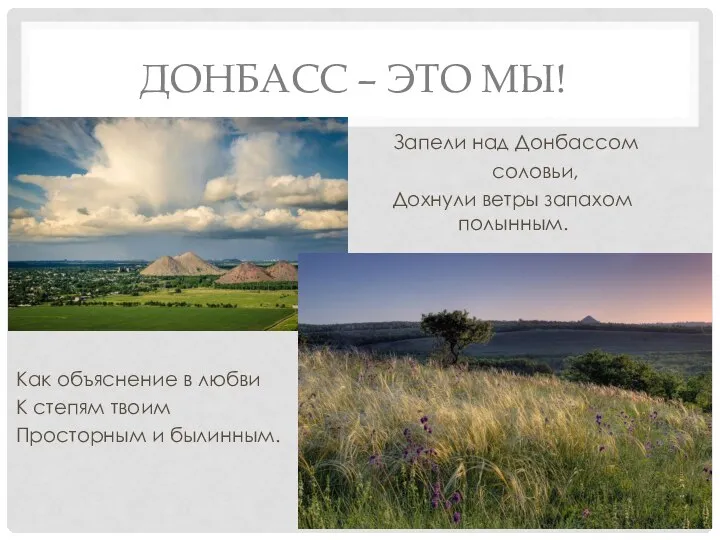ДОНБАСС – ЭТО МЫ! Запели над Донбассом соловьи, Дохнули ветры запахом полынным.