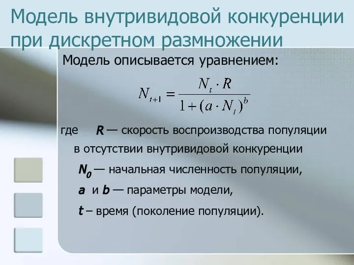 Модель внутривидовой конкуренции при дискретном размножении Модель описывается уравнением: где R —