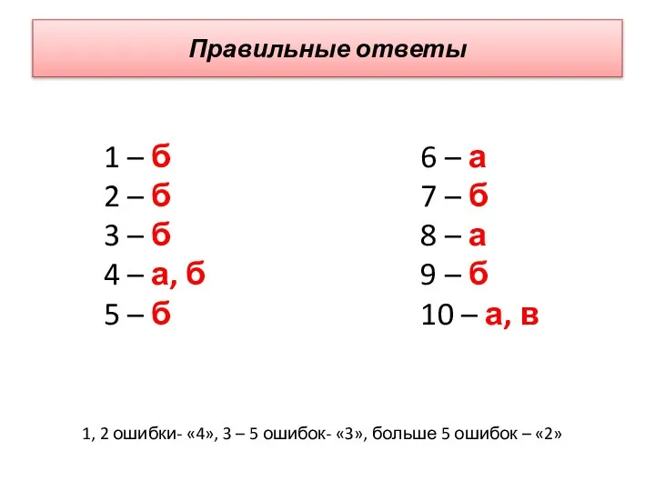 Правильные ответы 1 – б 2 – б 3 – б 4