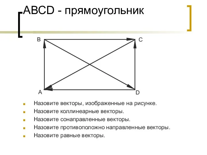 АВСD - прямоугольник Назовите векторы, изображенные на рисунке. Назовите коллинеарные векторы. Назовите