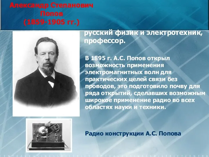 Александр Степанович Попов (1859-1905 гг.) Радио конструкции А.С. Попова русский физик и