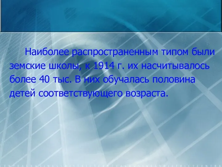 Наиболее распространенным типом были земские школы, к 1914 г. их насчитывалось более