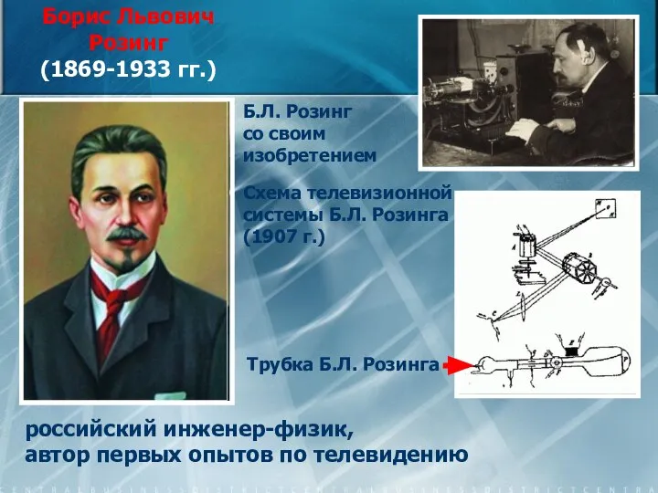 Борис Львович Розинг (1869-1933 гг.) российский инженер-физик, автор первых опытов по телевидению