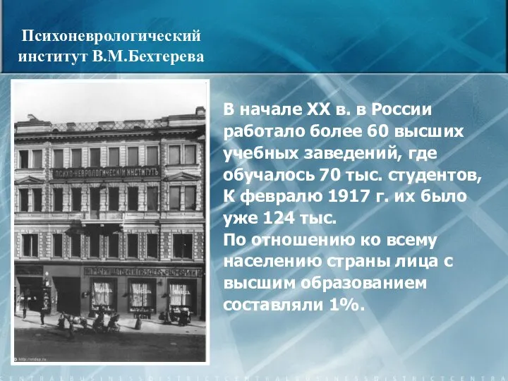 В начале XX в. в России работало более 60 высших учебных заведений,