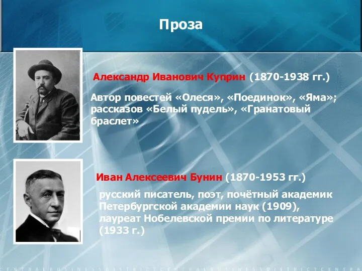 Проза Александр Иванович Куприн (1870-1938 гг.) Автор повестей «Олеся», «Поединок», «Яма»; рассказов