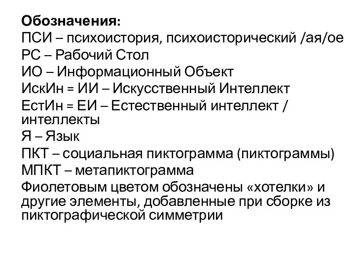 Обозначения: ПСИ – психоистория, психоисторический /ая/ое РС – Рабочий Стол ИО –