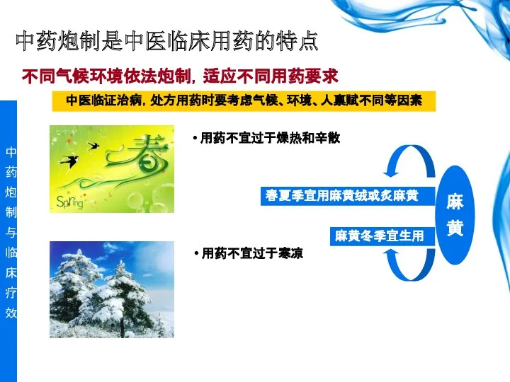 中药炮制是中医临床用药的特点 不同气候环境依法炮制，适应不同用药要求 用药不宜过于燥热和辛散 用药不宜过于寒凉 春夏季宜用麻黄绒或炙麻黄 麻黄冬季宜生用 麻 黄 中医临证治病，处方用药时要考虑气候、环境、人禀赋不同等因素