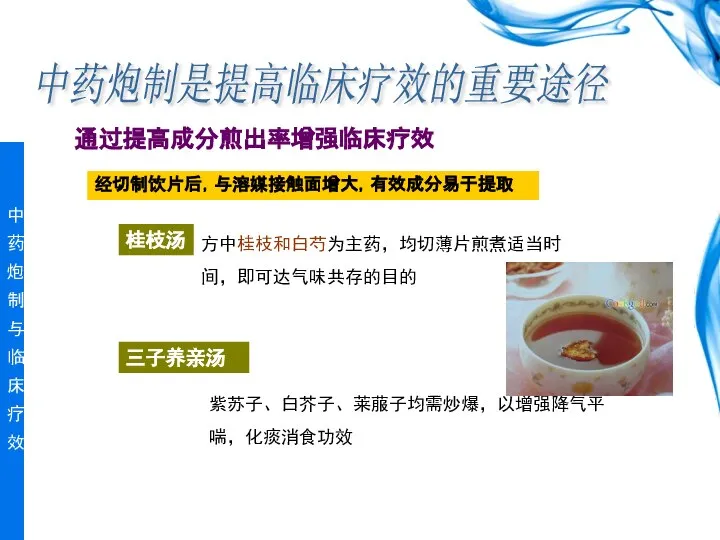 通过提高成分煎出率增强临床疗效 中药炮制是提高临床疗效的重要途径 经切制饮片后，与溶媒接触面增大，有效成分易于提取 方中桂枝和白芍为主药，均切薄片煎煮适当时间，即可达气味共存的目的 桂枝汤 紫苏子、白芥子、莱菔子均需炒爆，以增强降气平喘，化痰消食功效 三子养亲汤