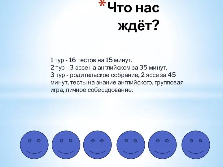 Что нас ждёт? 1 тур - 16 тестов на 15 минут. 2