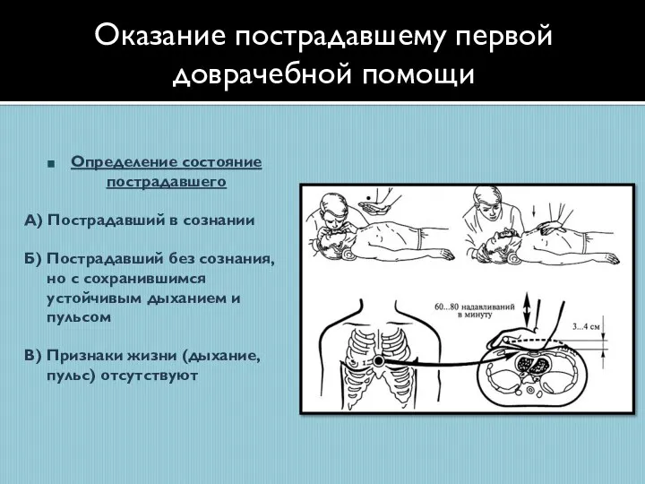 Оказание пострадавшему первой доврачебной помощи Определение состояние пострадавшего А) Пострадавший в сознании